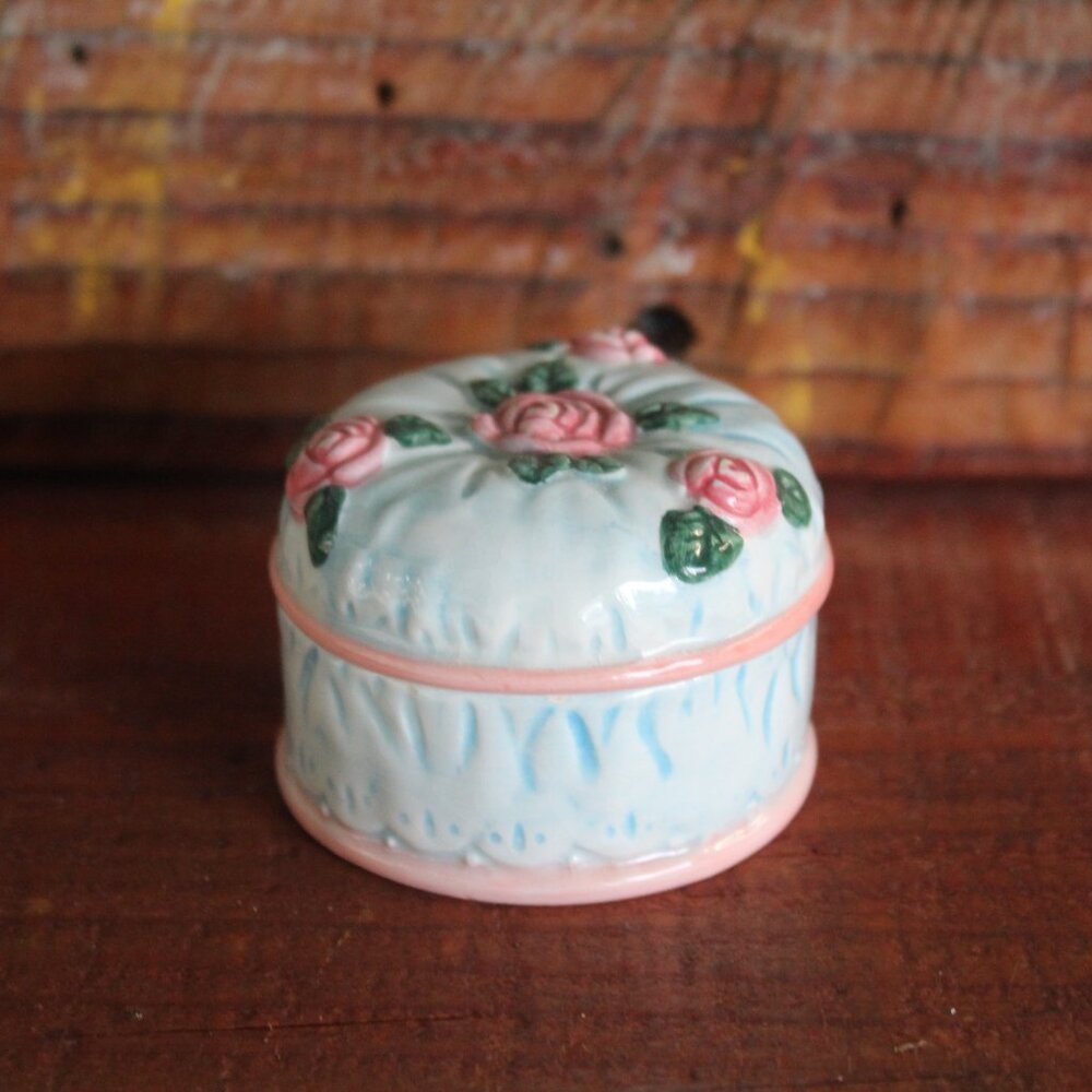 JCM Ceramic Porcelain Floral Ring Dish Trinket Box  2" x 2"